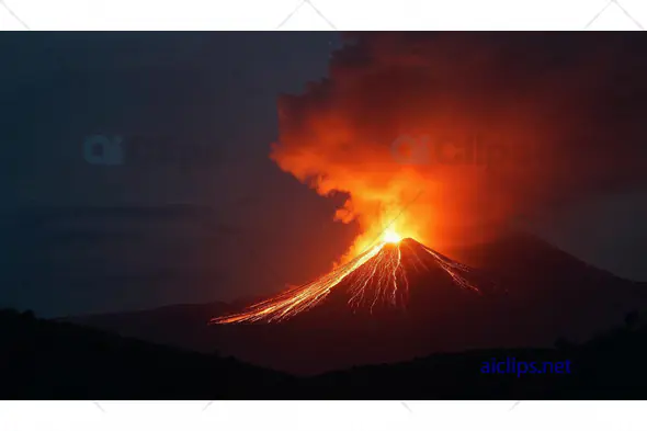 Fiery Volcano Eruption at Night