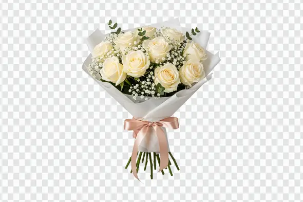 Elegant White Roses Bouquet with Pink Bow PNG Clipart