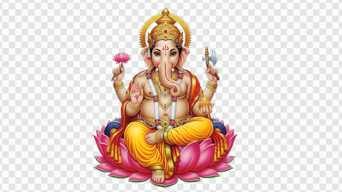 Resplendent Ganesha Seated on Lotus Flower PNG