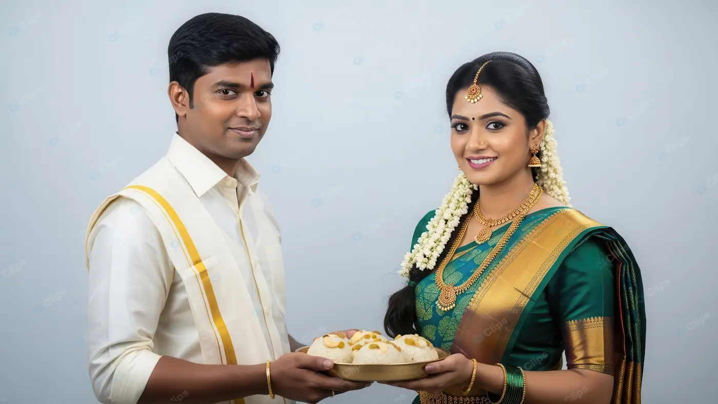 Traditional South Indian Couple Offering Prasad