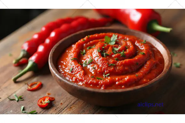 Spicy Red Chili Sauce in Wooden Bowl