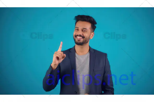 Smiling Man in Blazer Pointing Up
