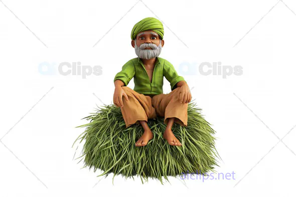3D Elderly Indian Farmer Sitting on Haystack