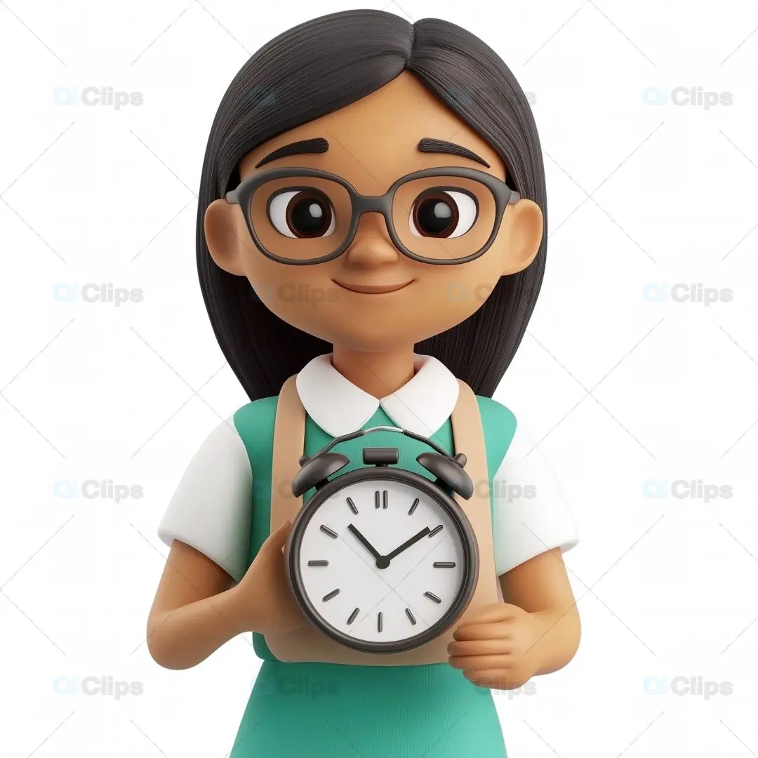 3D Schoolgirl Avatar Holding a Clock
