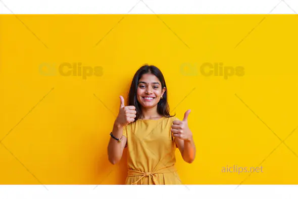 Smiling Woman Giving Thumbs Up on Yellow Background