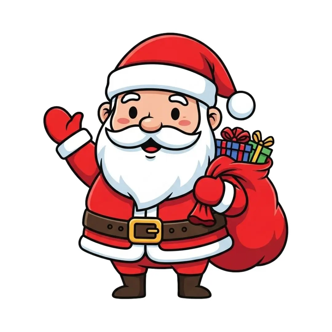 Waving Santa Claus with Gifts Sack Cartoon Clipart PNG