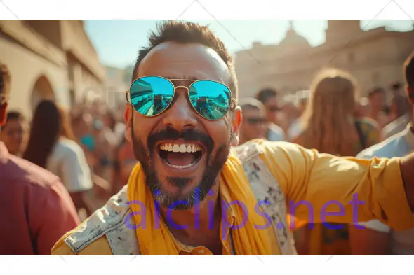 Smiling Man in Reflective Sunglasses at Festival