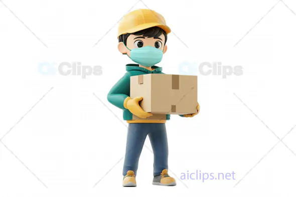 3D Delivery Worker Avatar with Protective Mask and Box