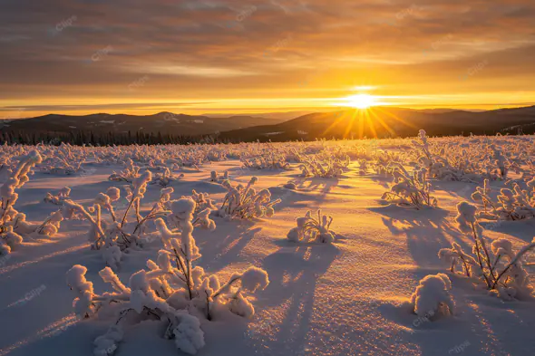 Golden Winter Sunrise Over Snowy Plains