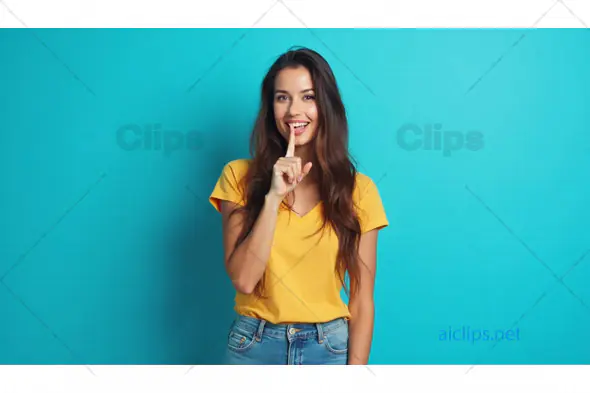 Smiling Woman in Yellow Shirt Making Shh Gesture