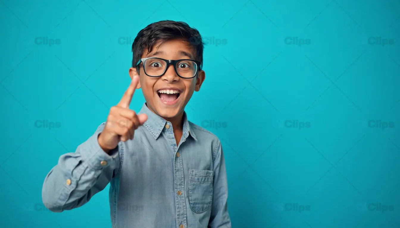 Excited Boy Pointing Up with Glasses