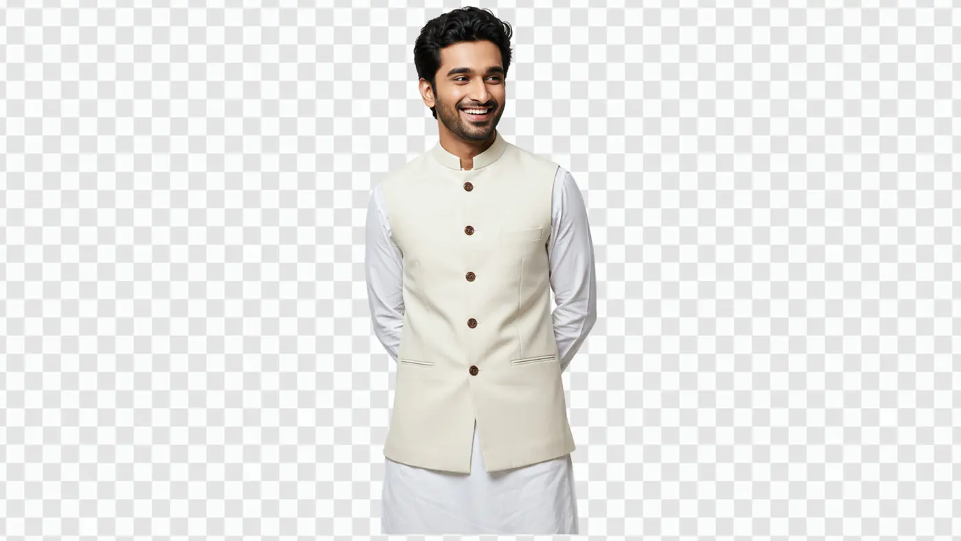 Smiling Man in Cream Nehru Jacket PNG Clipart