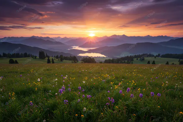 Alpine Meadow Sunset Panorama