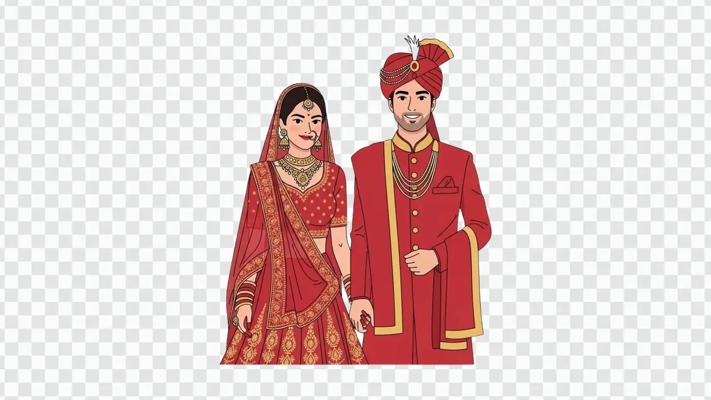 Illustrated Indian Wedding Couple in Red Attire PNG