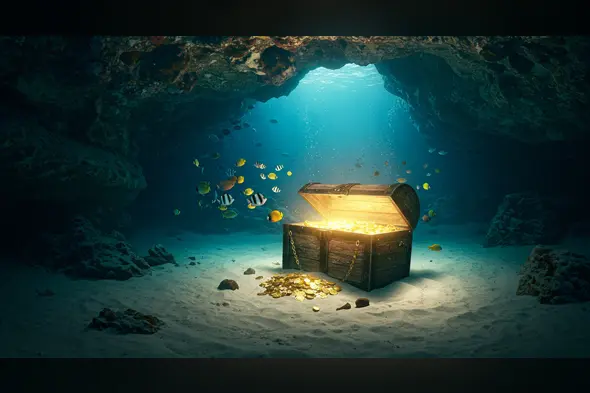 Underwater Cave with Glowing Treasure Chest and Tropical Fish