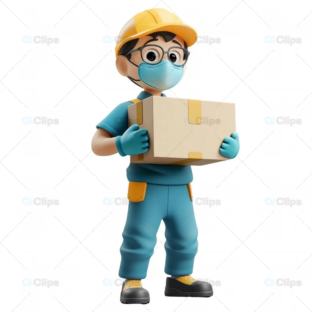 3D Delivery Worker Avatar with Mask, Gloves, and Package