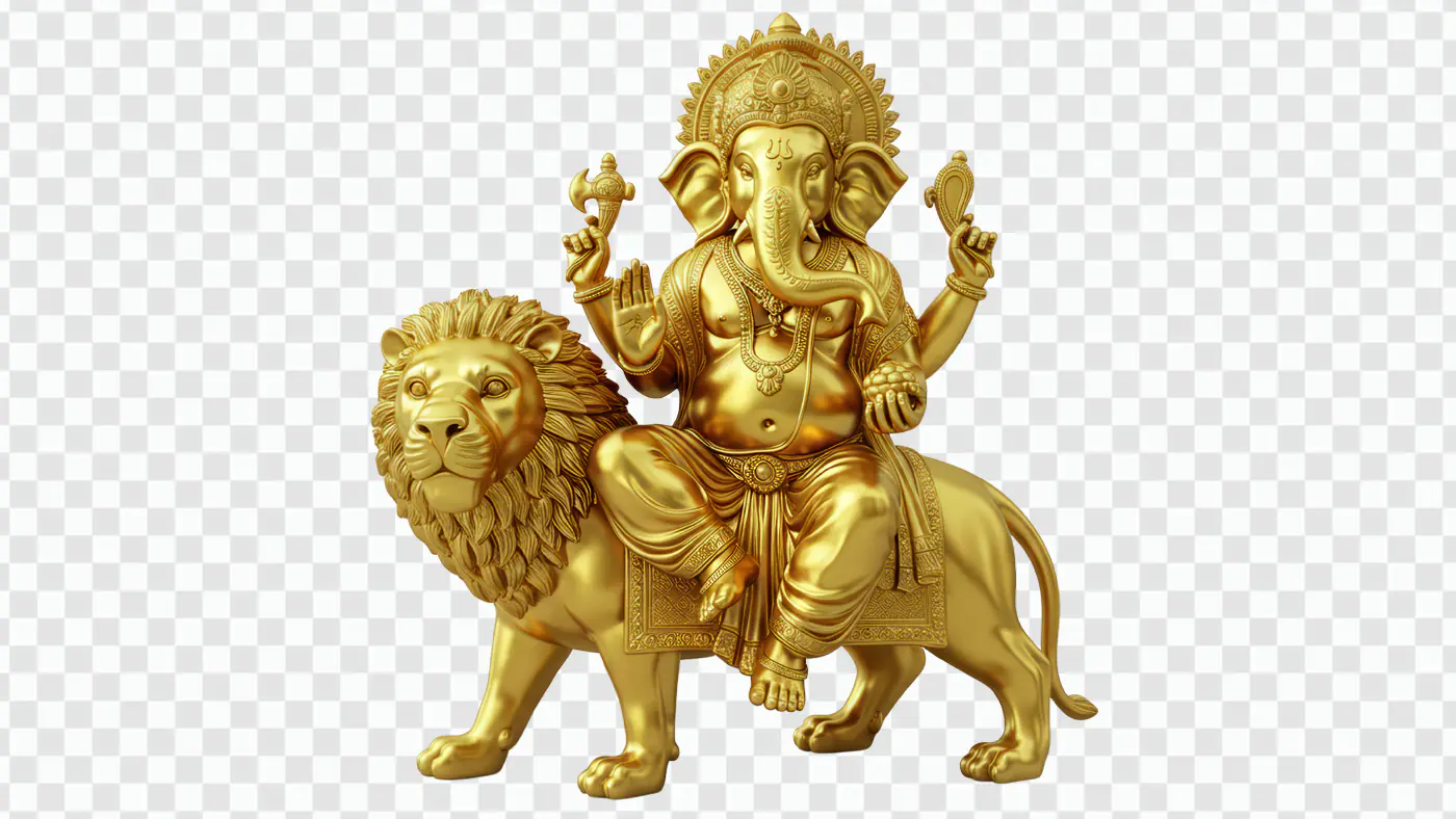 Majestic Golden Ganesha Riding Lion PNG Clipart