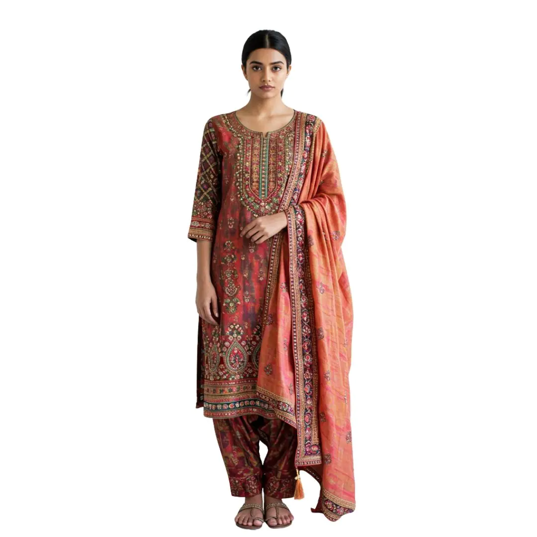 Elegant Woman in Embroidered Salwar Kameez PNG Clipart