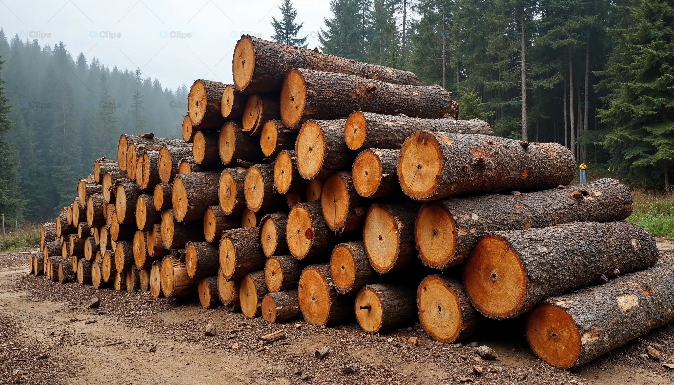 Stacked Pile of Cut Logs in Forest