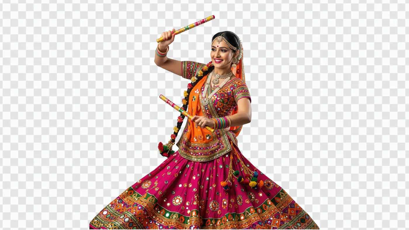 Vibrant Dandiya Dancer Twirling Traditional Indian Festive Outfit