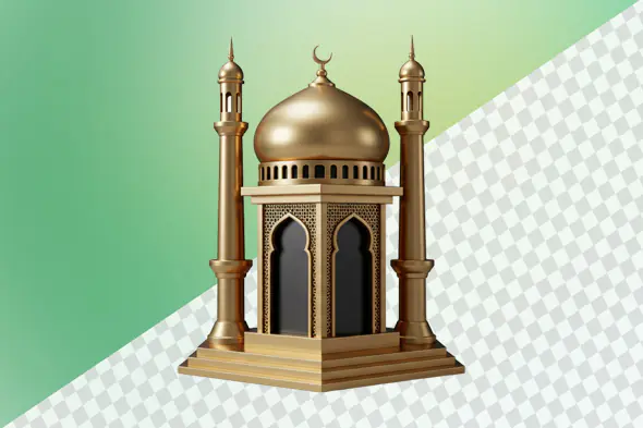 Golden mosque model with dome and minarets