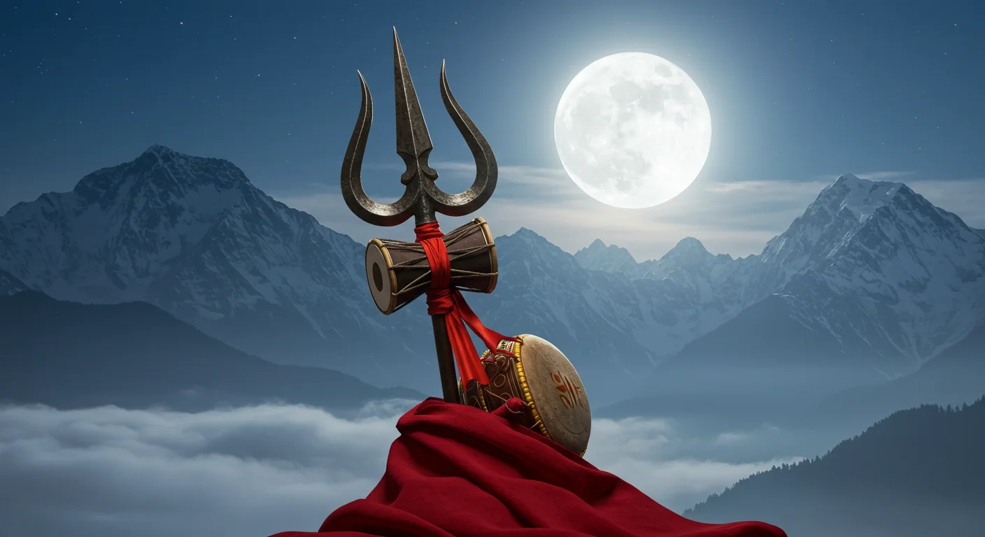 Trishul and Damru Against Full Moon over Himalayas | AIClips Shiv Symbolism Art