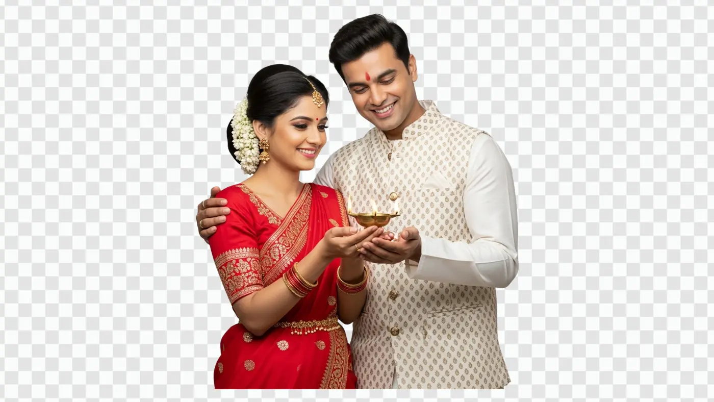 Indian Couple Celebrating Diwali with Diya Clipart PNG