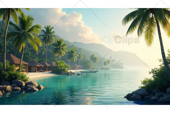 Tropical Lagoon with Palm Trees and Beach Huts