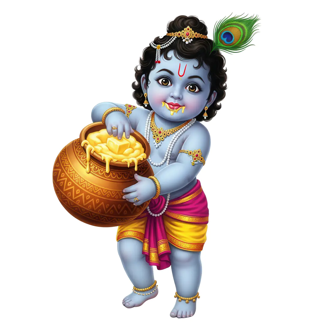 Smiling Baby Krishna with Golden Butter Pot PNG