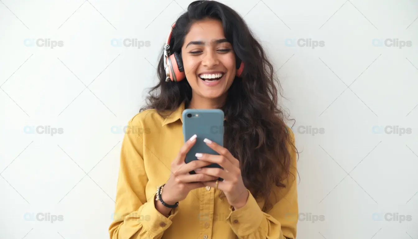 Happy Woman Listening to Music on Smartphone