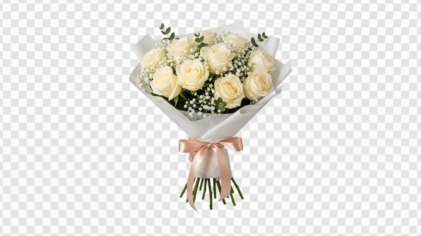 Elegant White Roses Bouquet with Pink Bow PNG Clipart