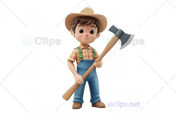 3D Farmer Boy Avatar with Axe and Straw Hat