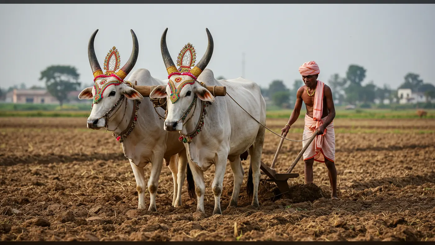 Indian Farmer with Decorated Oxen Ploughing Land | Rural Farming Scene | AIClips Cultural India