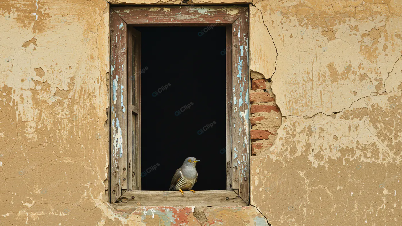 Solitary Bird in Weathered Window Frame