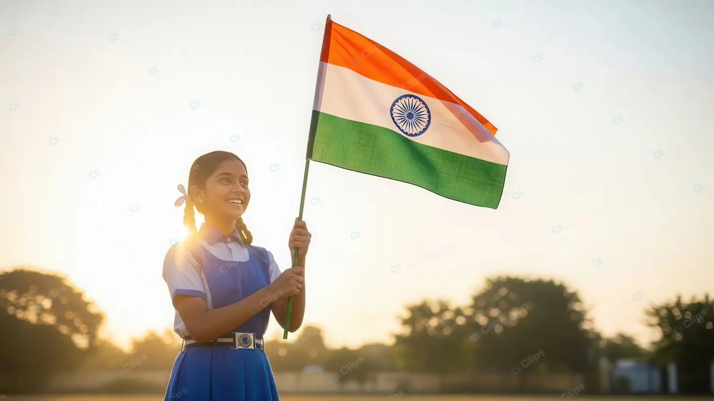 Patriotic Schoolgirl Holding Indian Tricolor