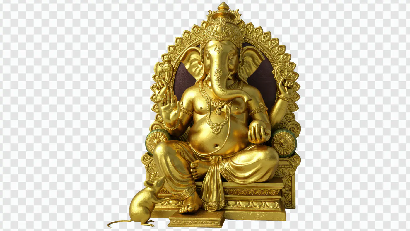 Ornate Golden Ganesha Statue on Throne PNG
