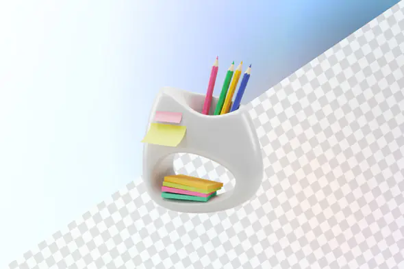 Modern desk organizer with colorful pencils and sticky notes
