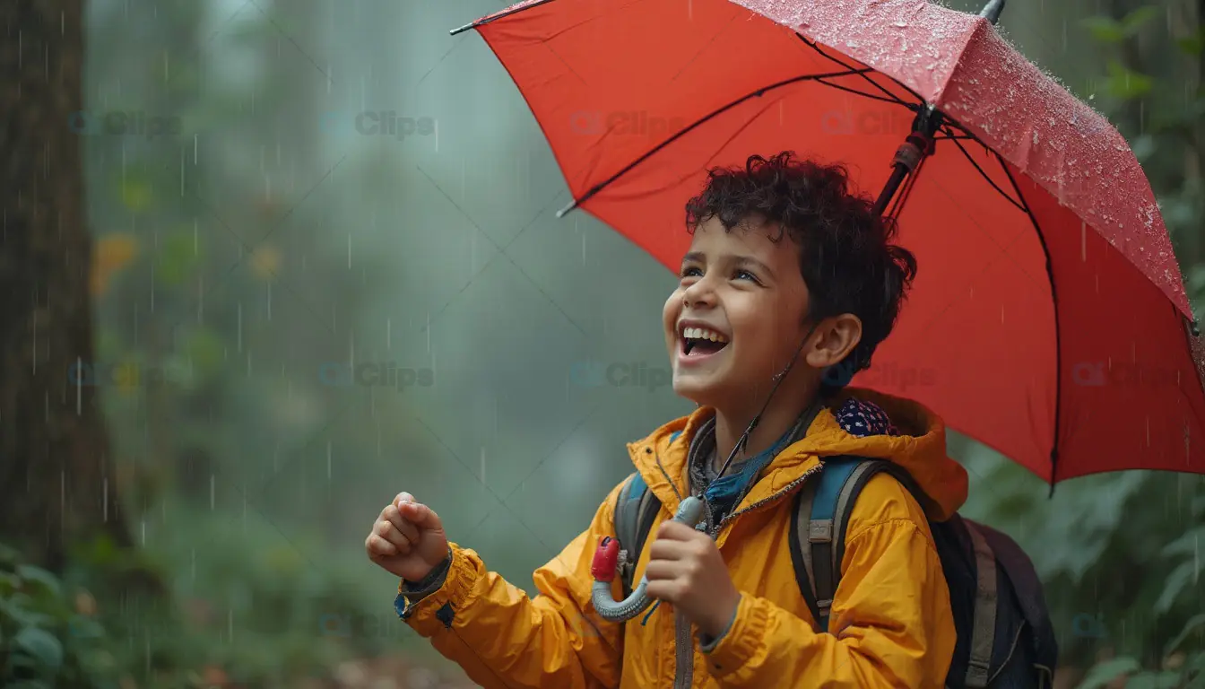 Happy Child with Red Umbrella in Rainy Forest