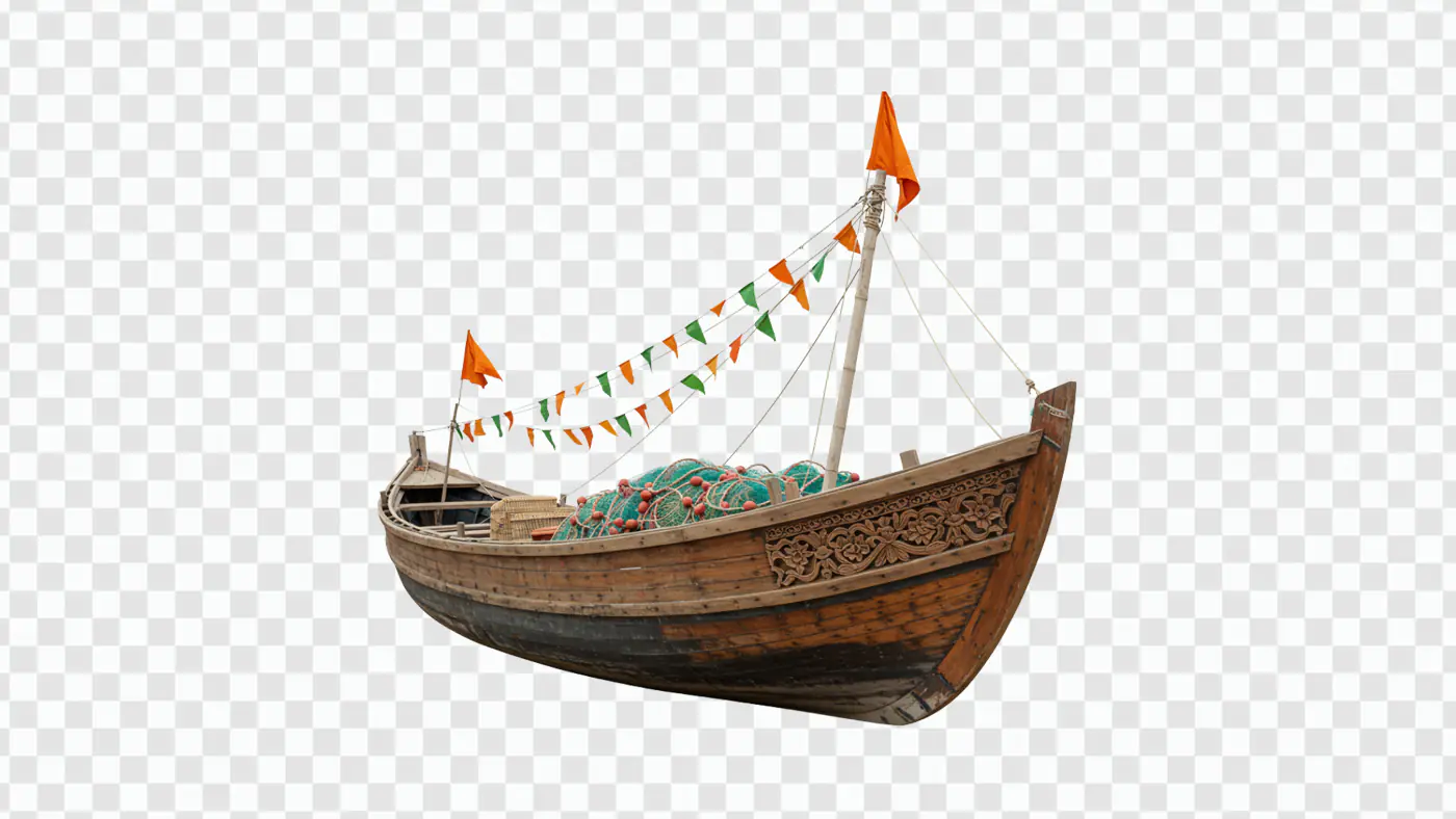 Traditional Wooden Fishing Boat Decorated Flags PNG