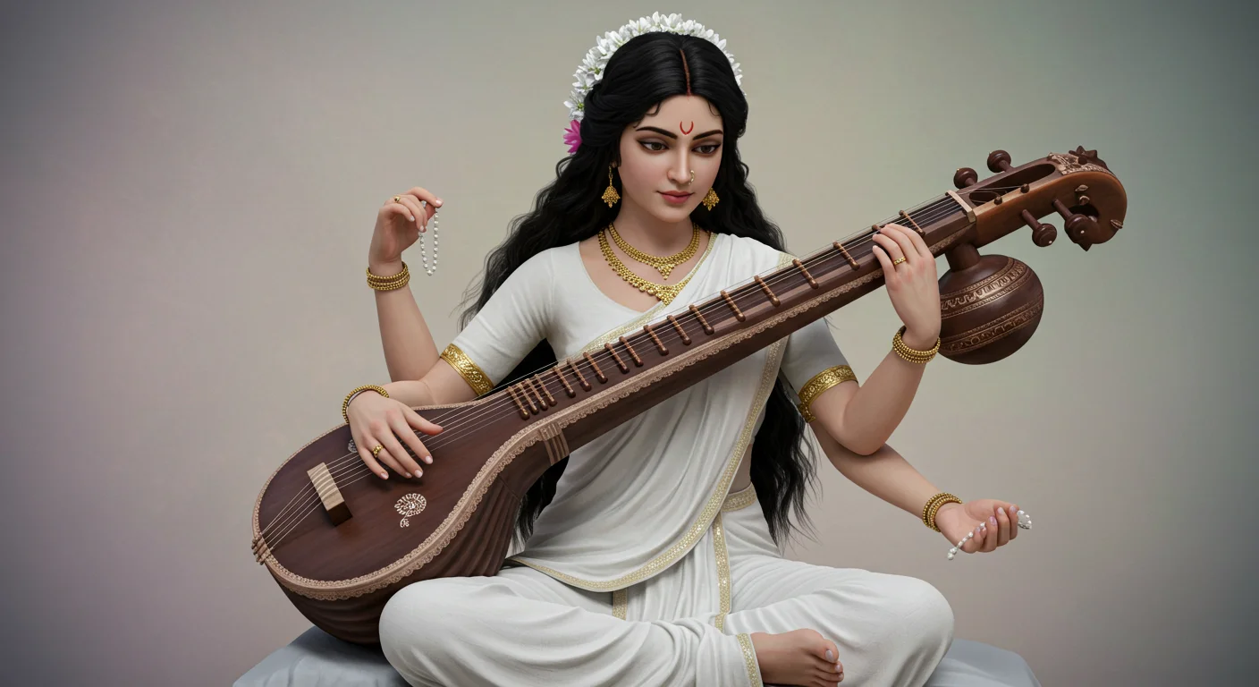 Goddess Saraswati-Inspired Woman Playing Veena – Traditional Devotional Thumbnail Art