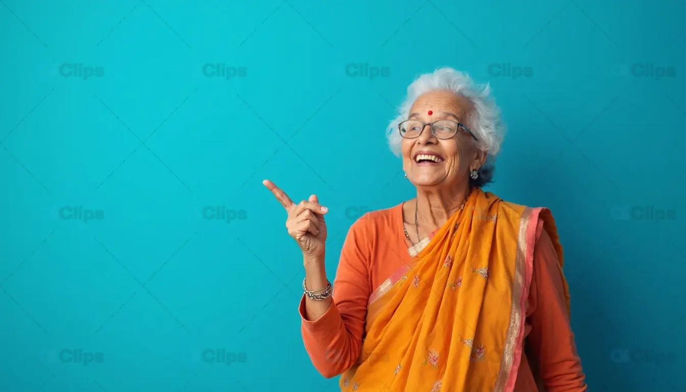 Smiling Elderly Woman in Traditional Saree Pointing Upwards on Blue Background