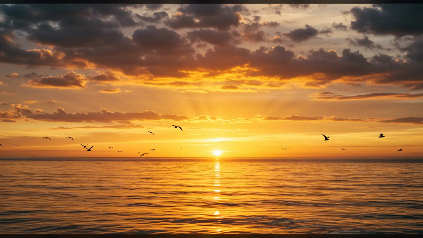 Golden Ocean Sunrise with Birds and Sunrays – Peaceful Sky Background
