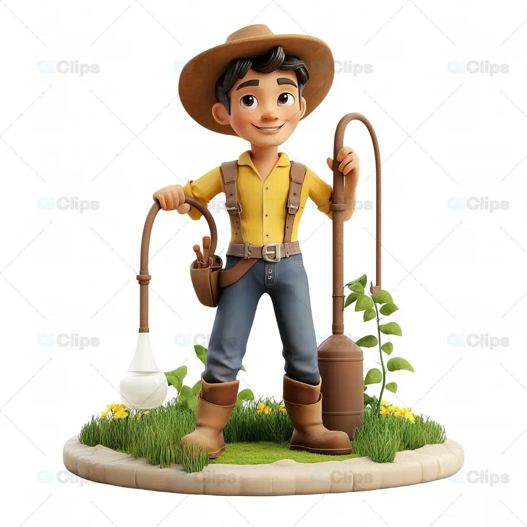 3D Cartoon Farmer with Irrigation System3D farmer model, cartoon farmer with irrigation, rural farmi