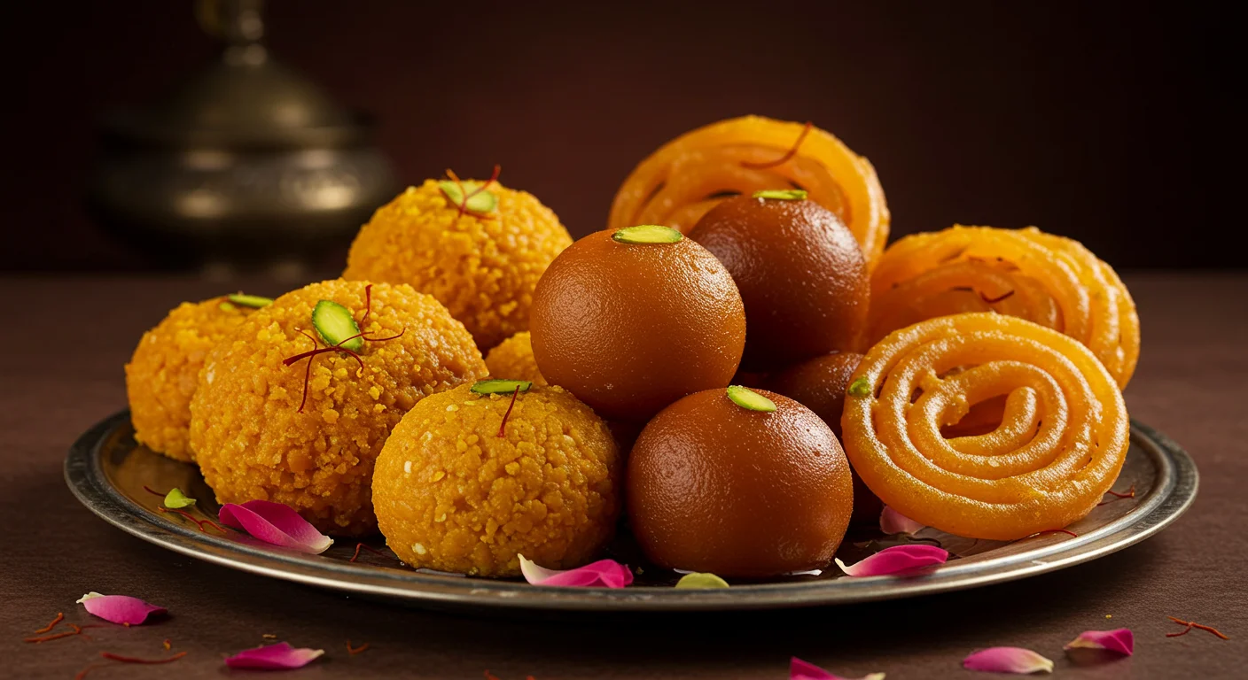 Festive Indian Mithai Plate with Gulab Jamun, Boondi Ladoo & Jalebi | AIClips