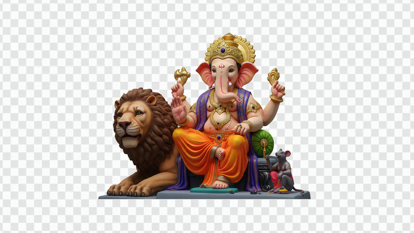 Vibrant Ganesha Seated on Majestic Lion PNG