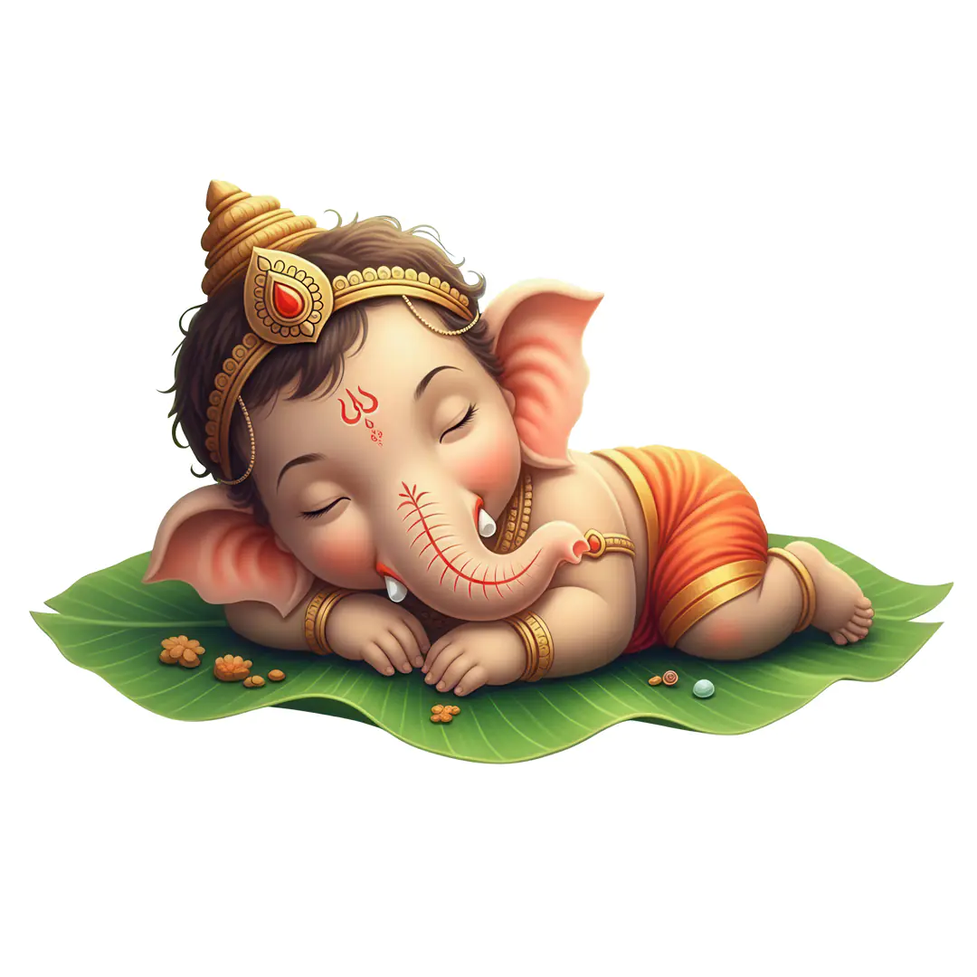 Peaceful Baby Ganesha Resting on Leaf PNG