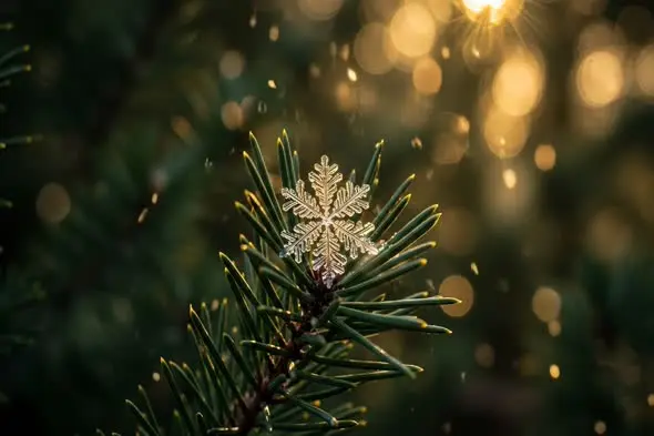 Crystalline Snowflake on Pine Branch with Golden Bokeh