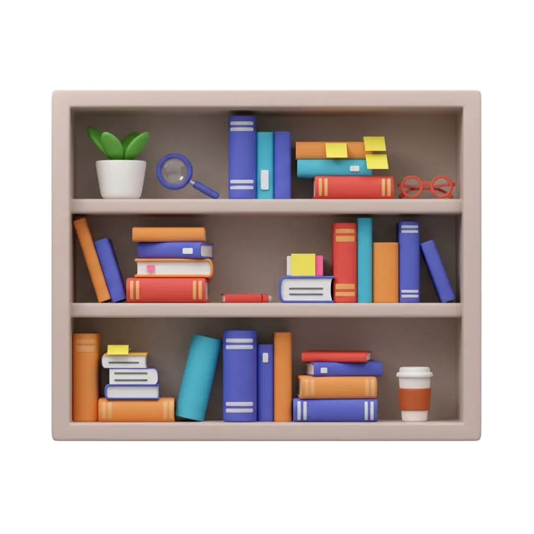 Colorful bookshelf with books and office accessories