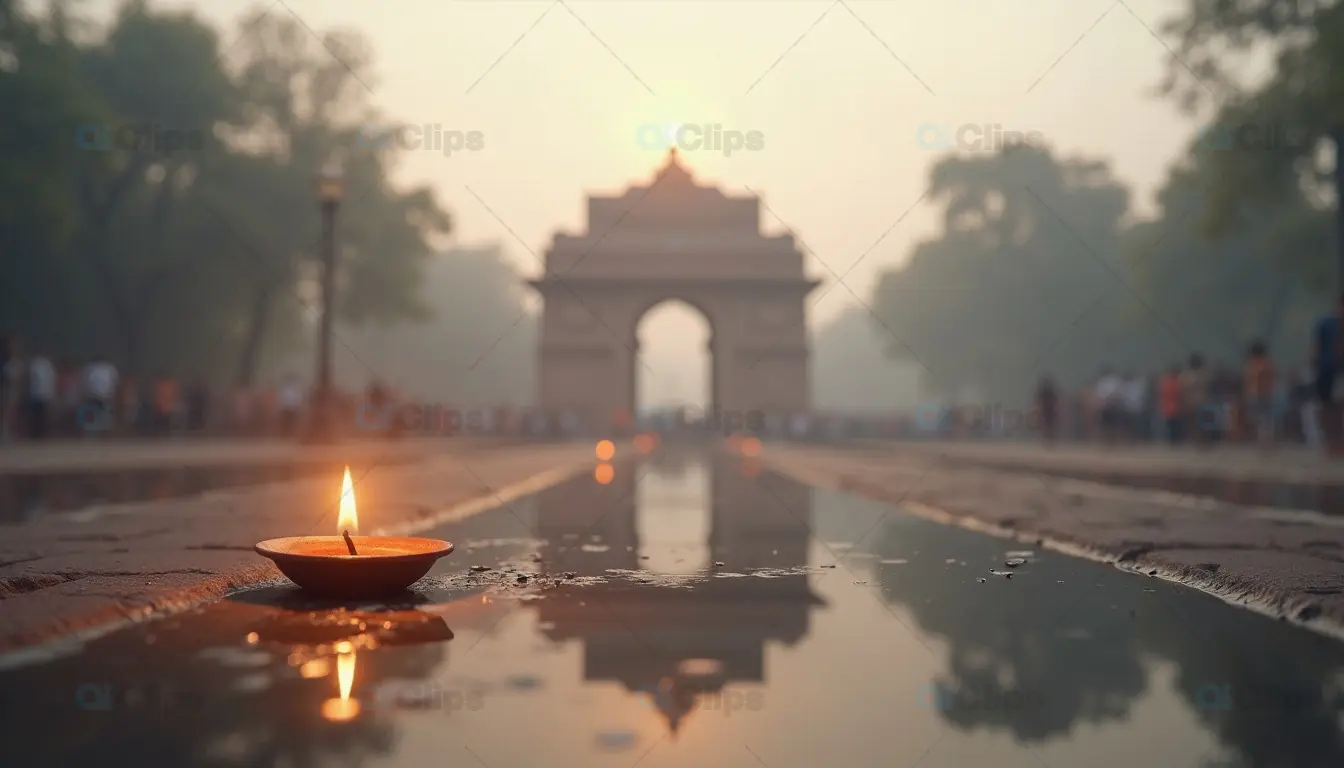 Diya Lamp with India Gate at Sunset