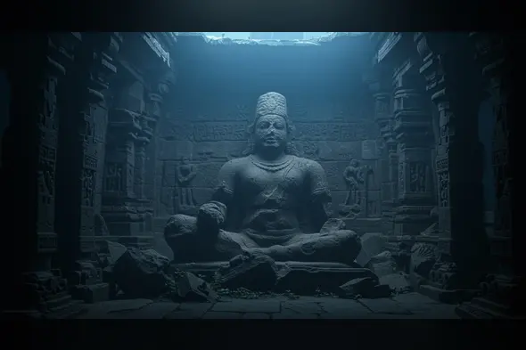 Ancient Broken Idol in Misty Temple – Moody Indian Ruins